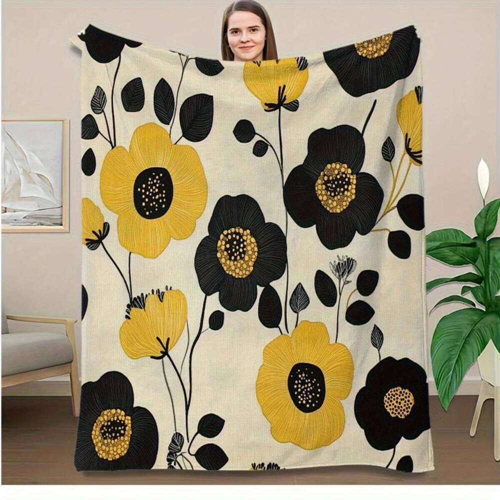 1pc Vintage Throw Blanket Soft Flannel All-Season Couch Bedspread Yellow Black Floral pattern - Lightweight & Machi W260120
