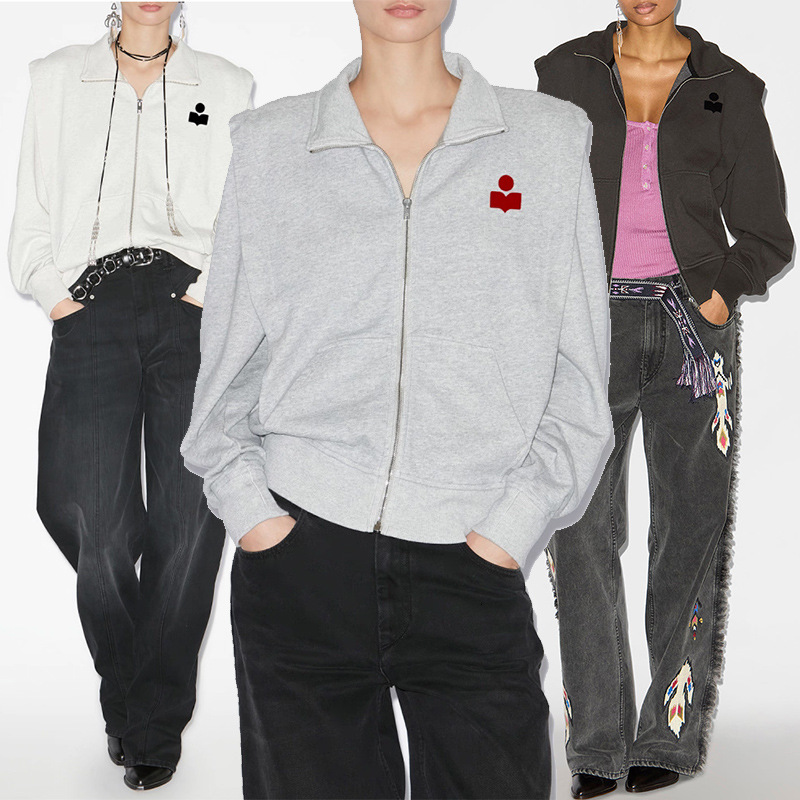 Sweatshirt 26 Spring Isabmarants Designer Cotton Stand Collar Zipper Cardigan Jacket New Trendy Classic Flocked Stand Women's Hoodie Loose Pullover Sweater Tops tn