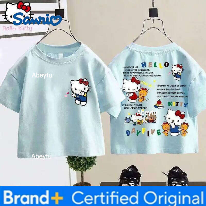 Sanrio Hello Kitty Girls' Summer New Cotton T-shirt anime kawaii Fashion Short Sleeve kids Cartoon Sweet Loose Round Neck Tops H260120