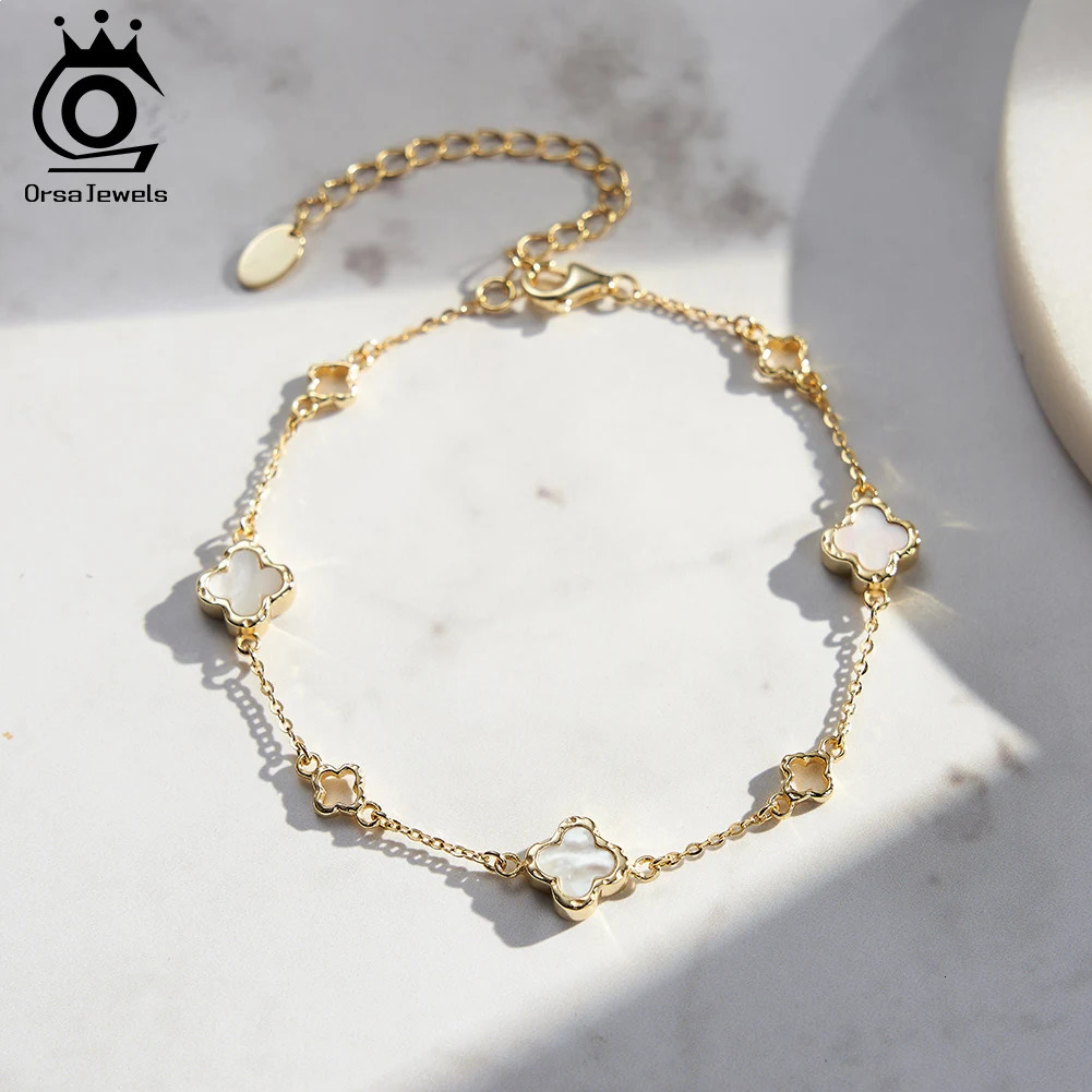 ORSA JEWELS 925 Sterling Silver White Shell Four-Leaf Clover Bracelet O-Chain Symbol Of Riches Luck Flower Style Present GMB68 260113 - view 5