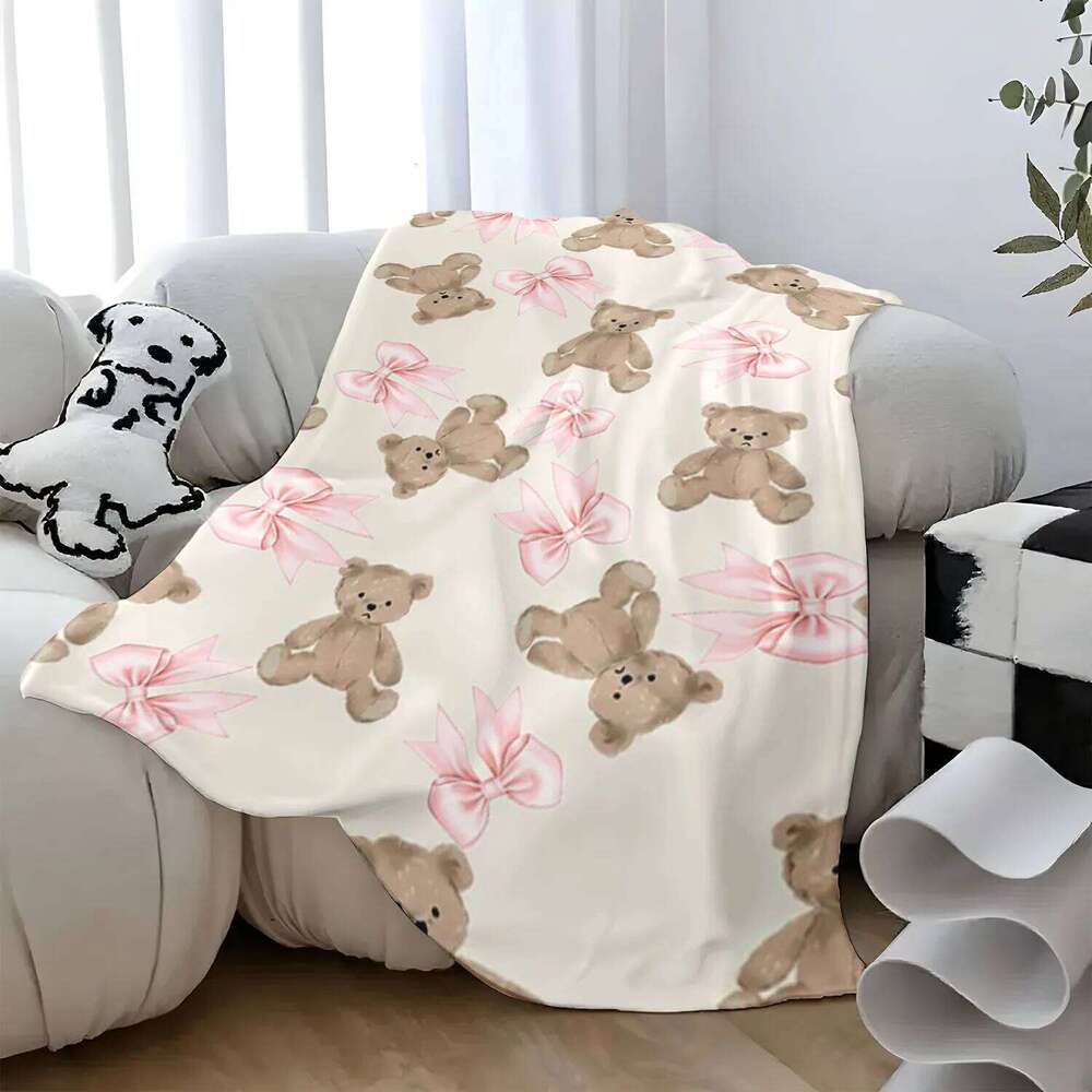 Soft Flannel Teen Girls' Blanket - Pastel Pink Brown Teddy Bear Plush Bow Design All-Season Cozy Bedspread for Bed Couch or Nap W260120