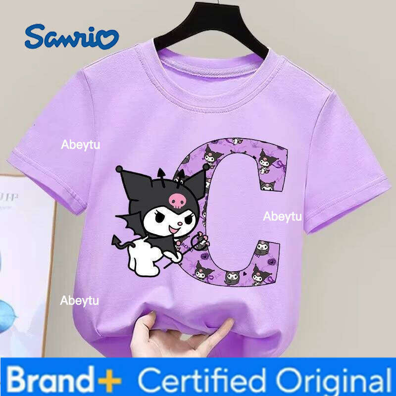 Sanrio Kuromi Children's T-shirt Cute Cartoon Anime Letter A-Z Print Girls Clothes Fashion Kids Toddler Cotton Short Sleeve Tops H2601201