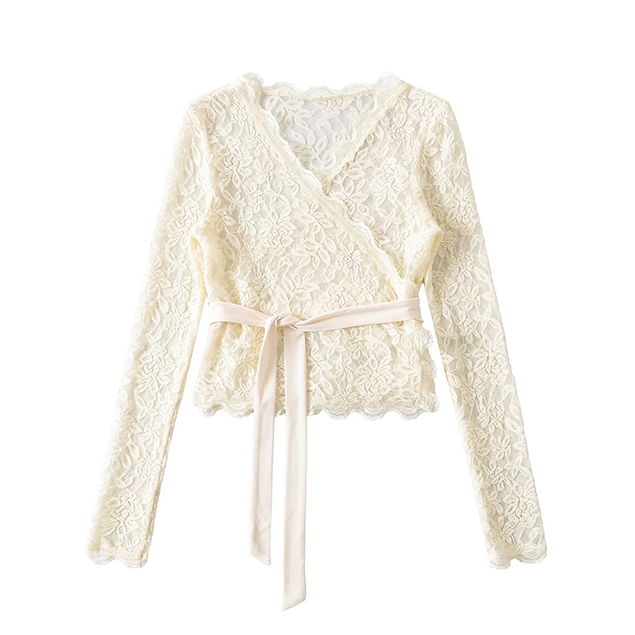 Women's Blouses Blouse Lace Wrap Sexy V Neck Long Sleeve Irregular Hem See Through Sweet Casual Elegant Tops For Autumn