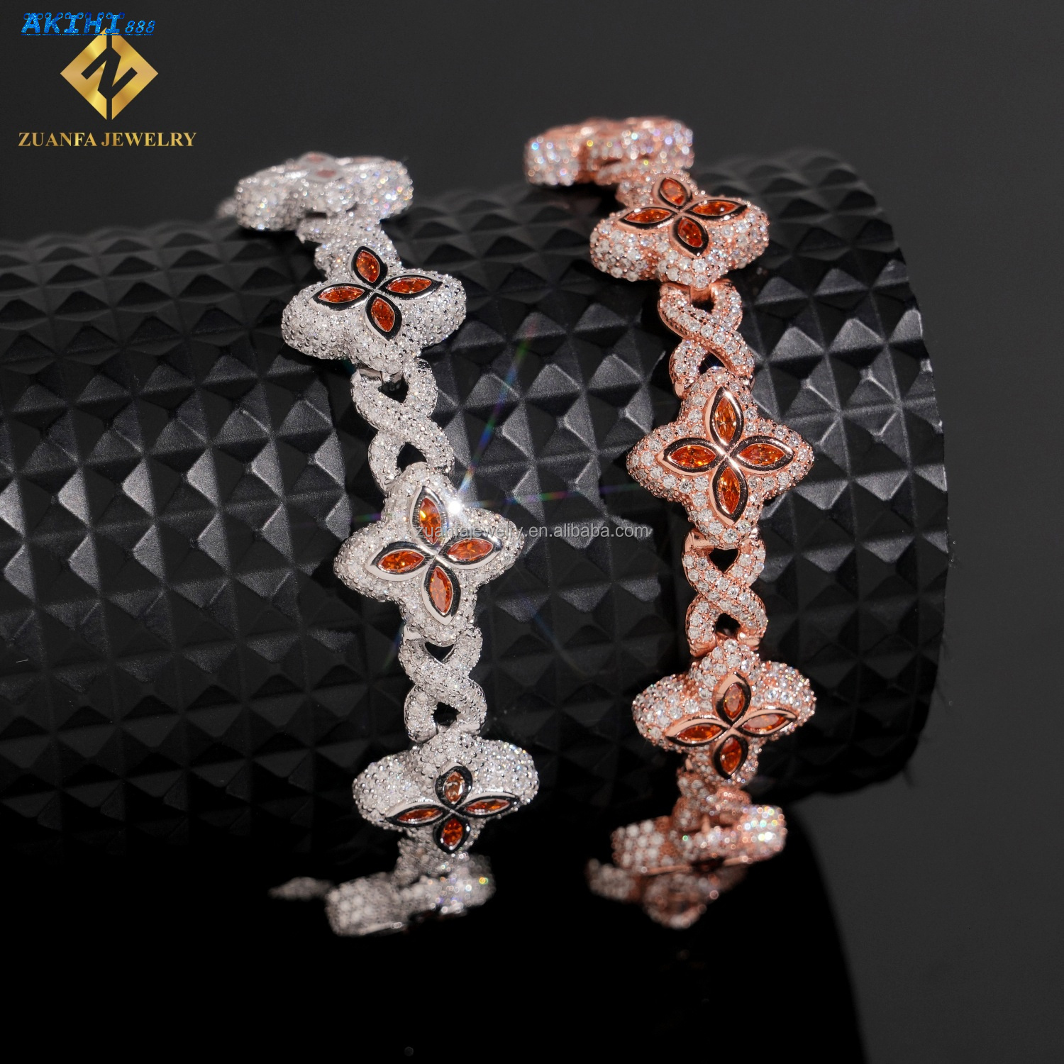 2026 Fashion Style Unique Design Iced Out Hip Hop Jewelry S925 Silver Orange Moissanite Diamond Cleef Clover Infinity Cuban Bracelet