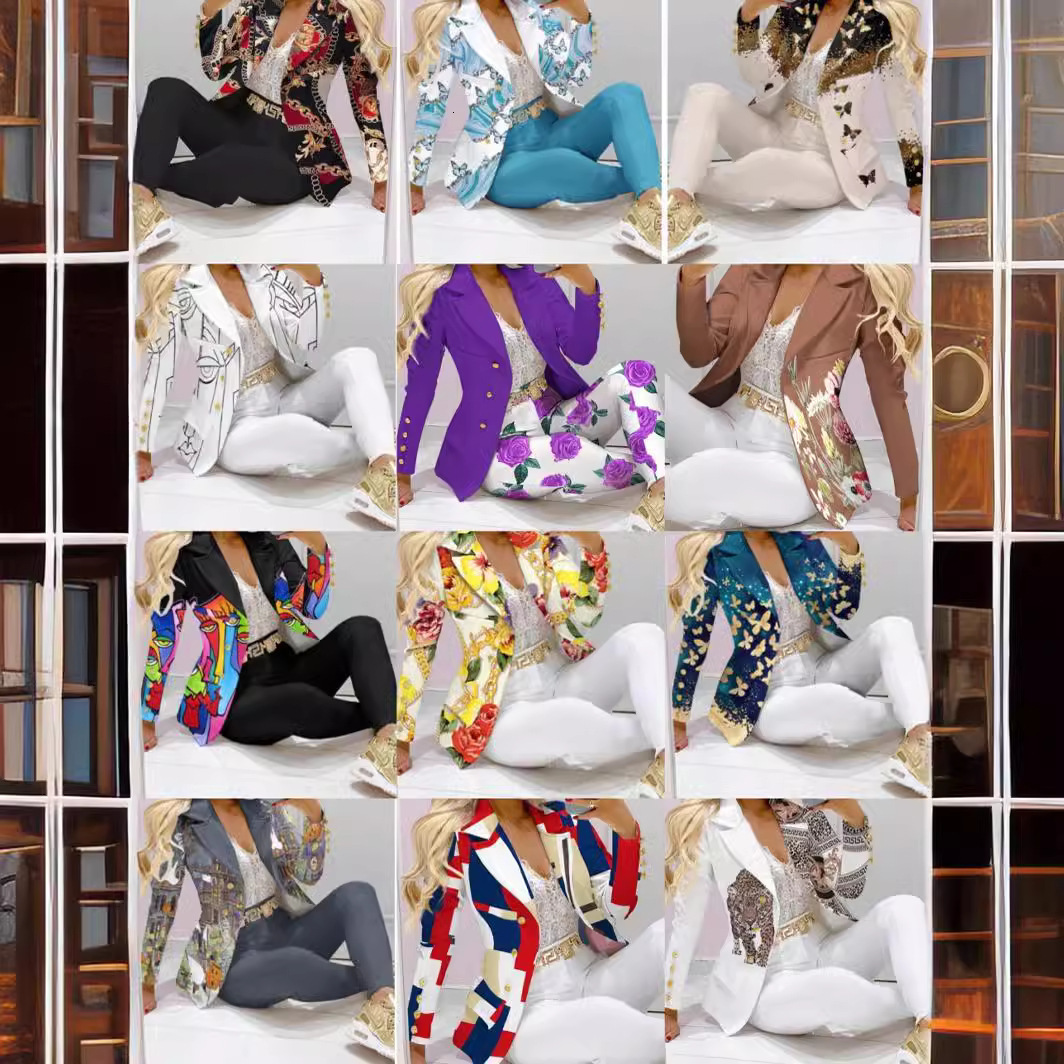 2025 Spring Summer Autumn Winter Hot Sale Fashion Printed Long Sleeve Casual Small Blazer Pants Set 241121