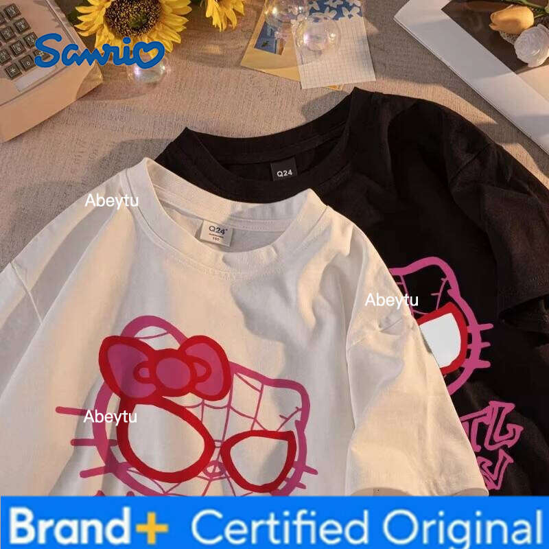 Sanrio Hello Kitty Women's Fashion Cartoon Print Top Cotton High-Quality Short-Sleeve Loose-Fit Casual Couples T-Shirt H2601201