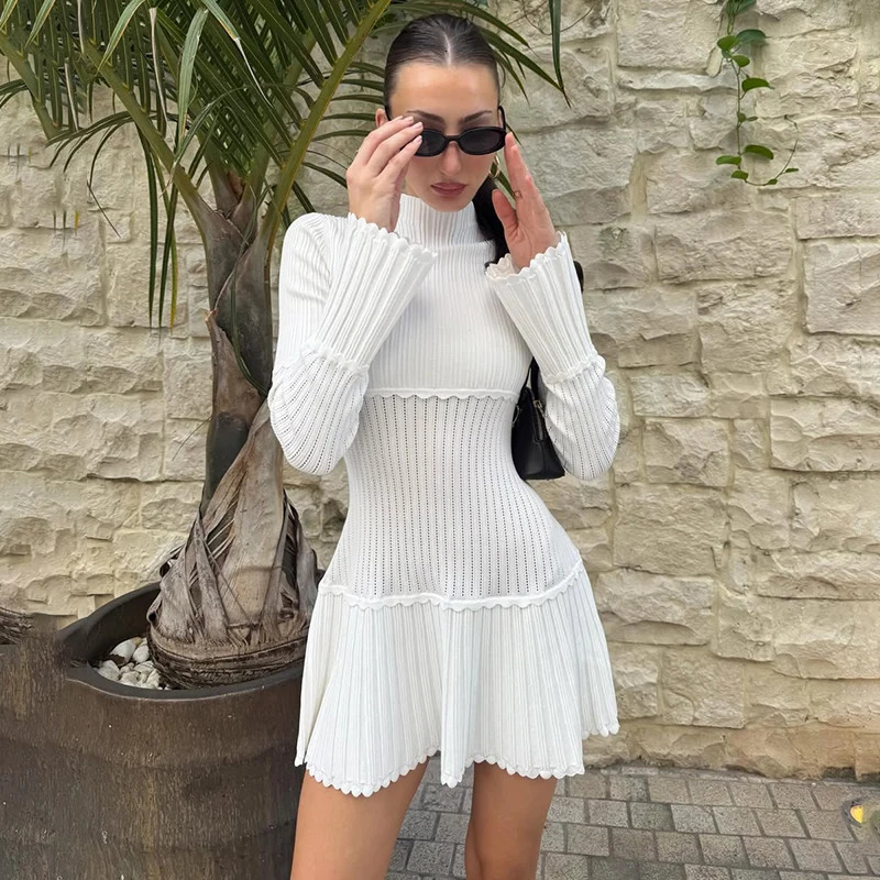 Tornova Fashion Hollow Knitted Dress For Women Long Sleeve Splice Elegant Slim Mini Dress Ruched Summer Party Dress Lady 260119
