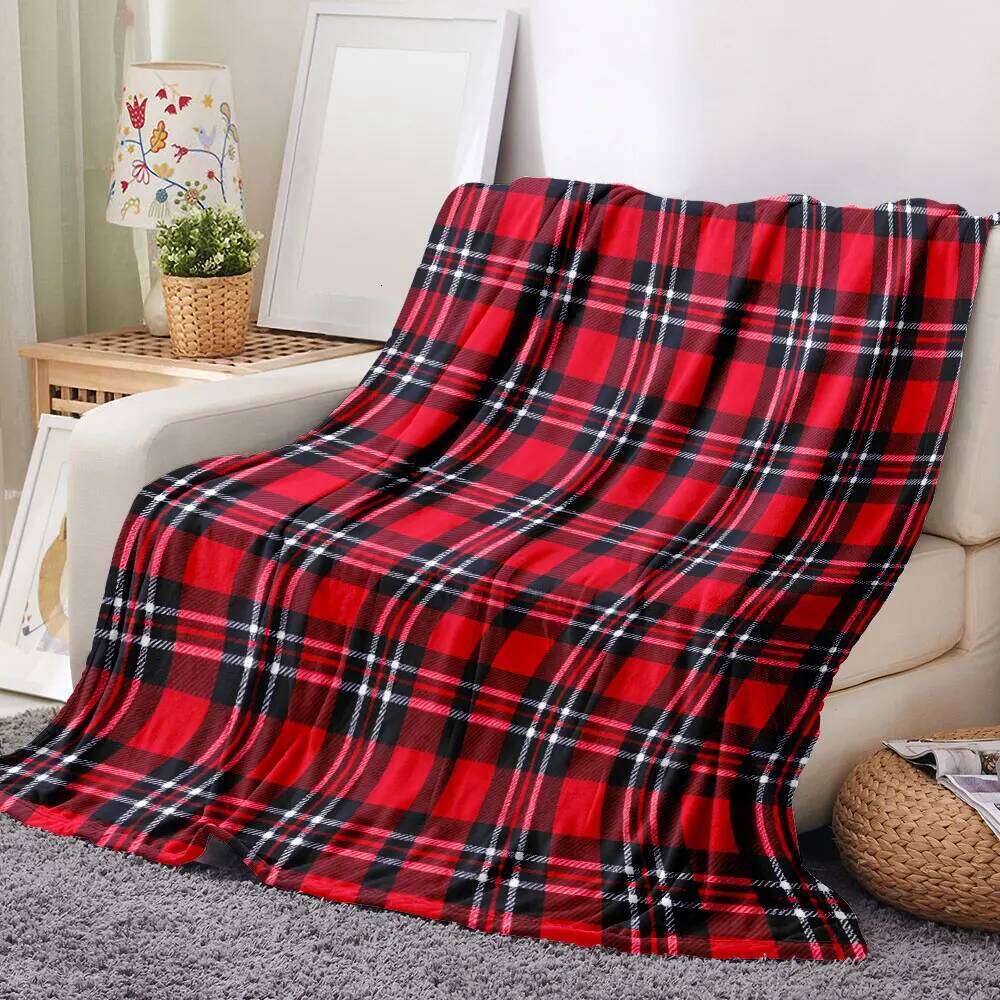 Classic Tartan Plaid Throw Blanket - Bright Red with Black White Checkered Pattern, Symmetrical Traditional Design, Soft & W260120
