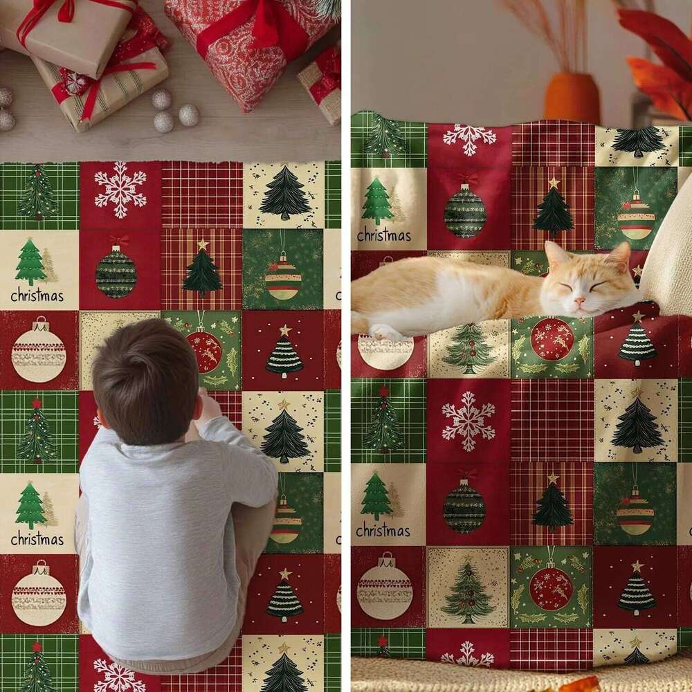 Christmas Flannel Blanket Throw Red Green Checkered Tree Blankets Couch Sofa Bed Lounging Gifts for Kids Adults Wife Self W260120