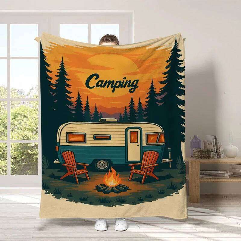 Flannel Soft Cozy Naptime Blanket with Rustic Camping Print All-Season Throw for Outdoor Lovers Sofa Decor Gift W260120