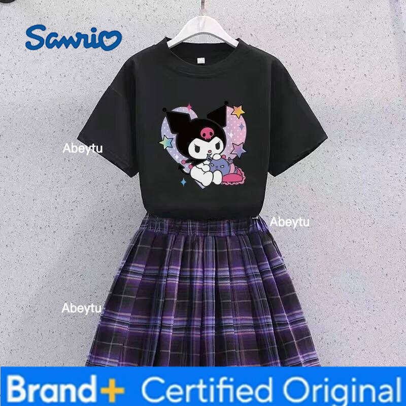 Sanrio Kawaii Kuromi Children T-shirt Pleated Skirt Two Piece Set MINISO Anime Lovely Student Summer Fashion Printing JK Uniform New H260120