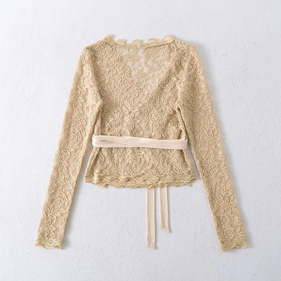 Women's Blouses Blouse Lace Wrap Sexy V Neck Long Sleeve Irregular Hem See Through Sweet Casual Elegant Tops For Autumn