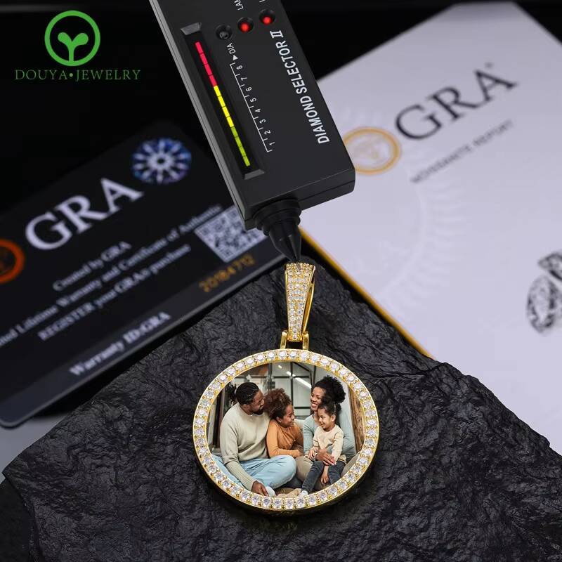 S925 Silver Inlaid Moissanite 36mm Round Photo Pendant Necklace for Man Woman