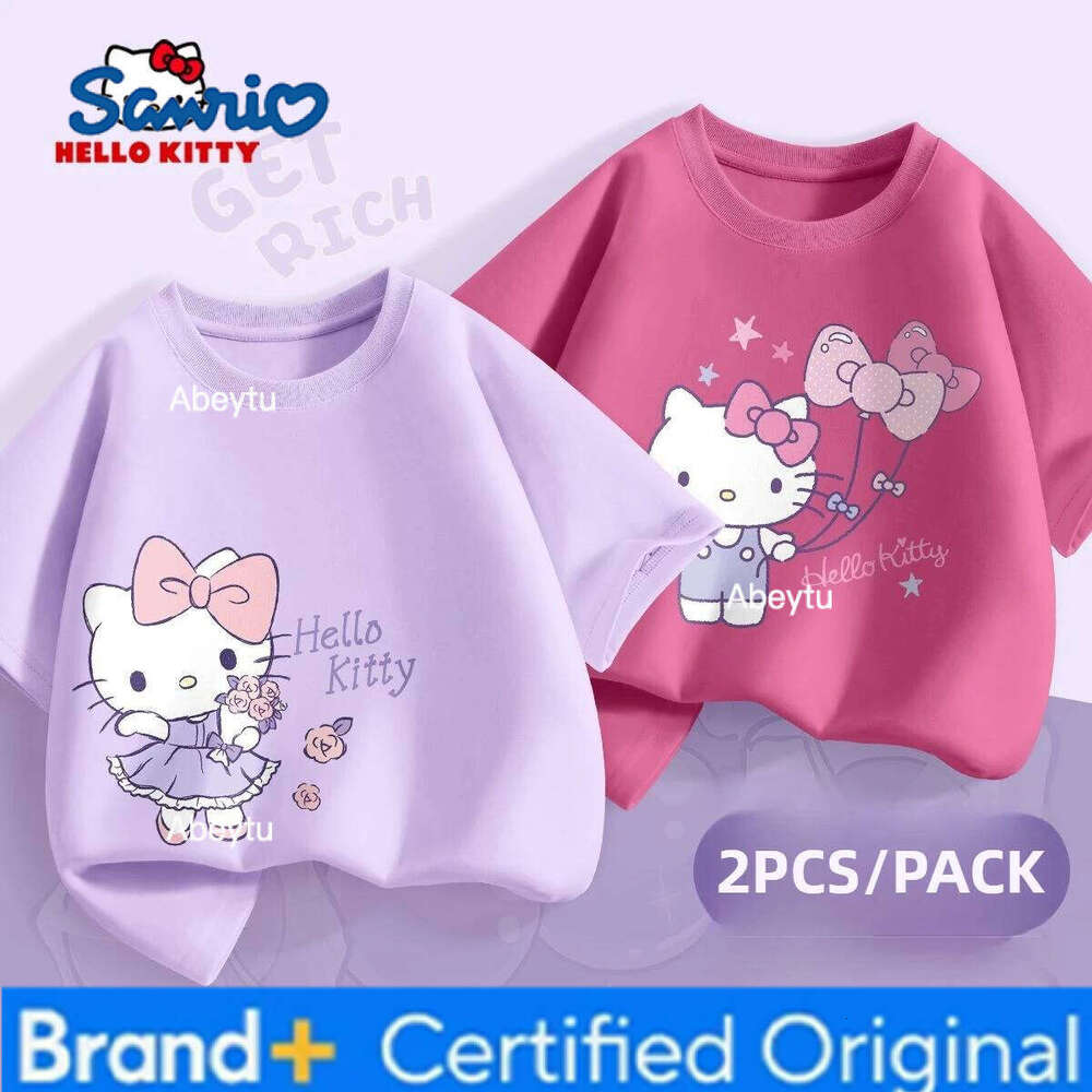 Sanrio 2 Pieces Per Pack Summer Baby Girls 100% Cotton Clothes Kid Children Girl Hello Kitty Printed T-shirts Short Sleeve Top H260120