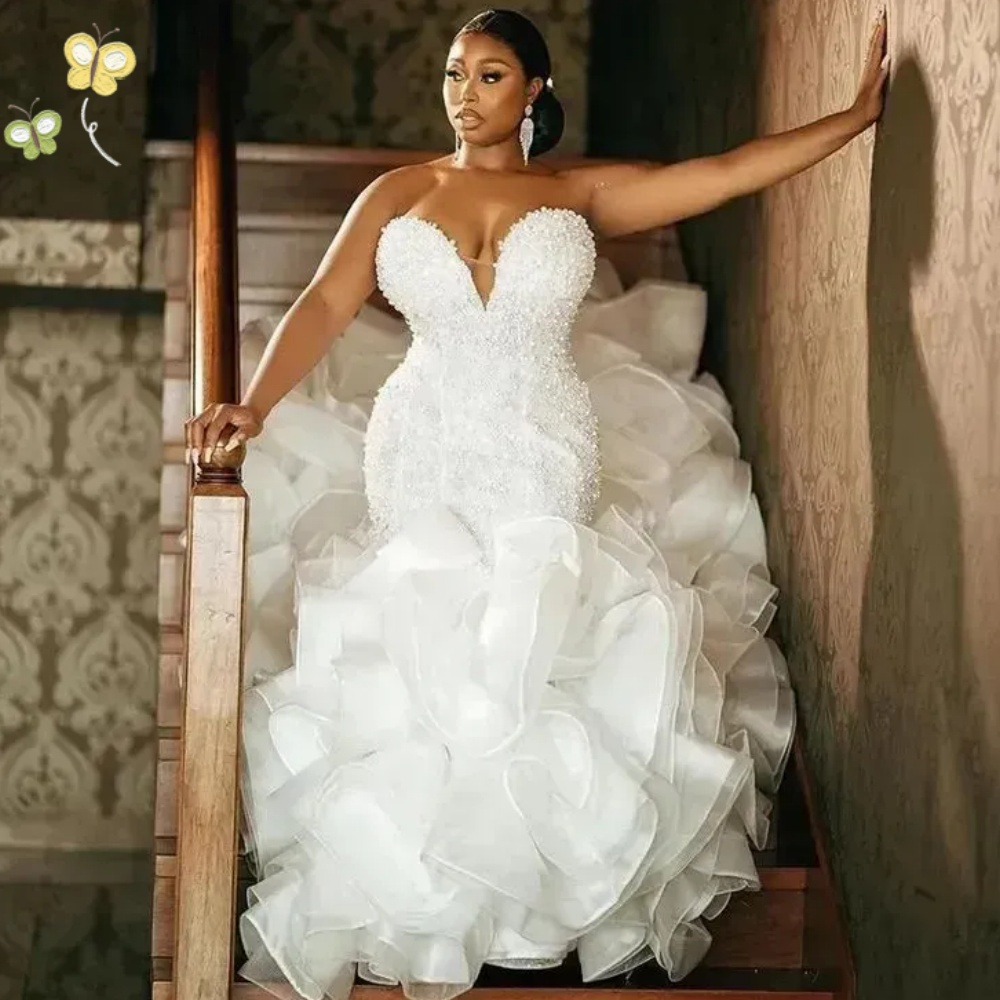 Customized Luxury White Mermaid Wedding Dresses for Bride SweetNeck Cascading Ruffles Pearls Plus Size Women Bridal Gowns Vestidos De Novia Plus Size