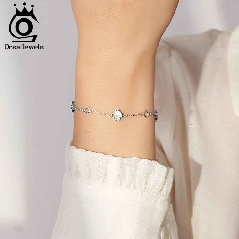 ORSA JEWELS 925 Sterling Silver White Shell Four-Leaf Clover Bracelet O-Chain Symbol Of Riches Luck Flower Style Present GMB68 260113 - view 3