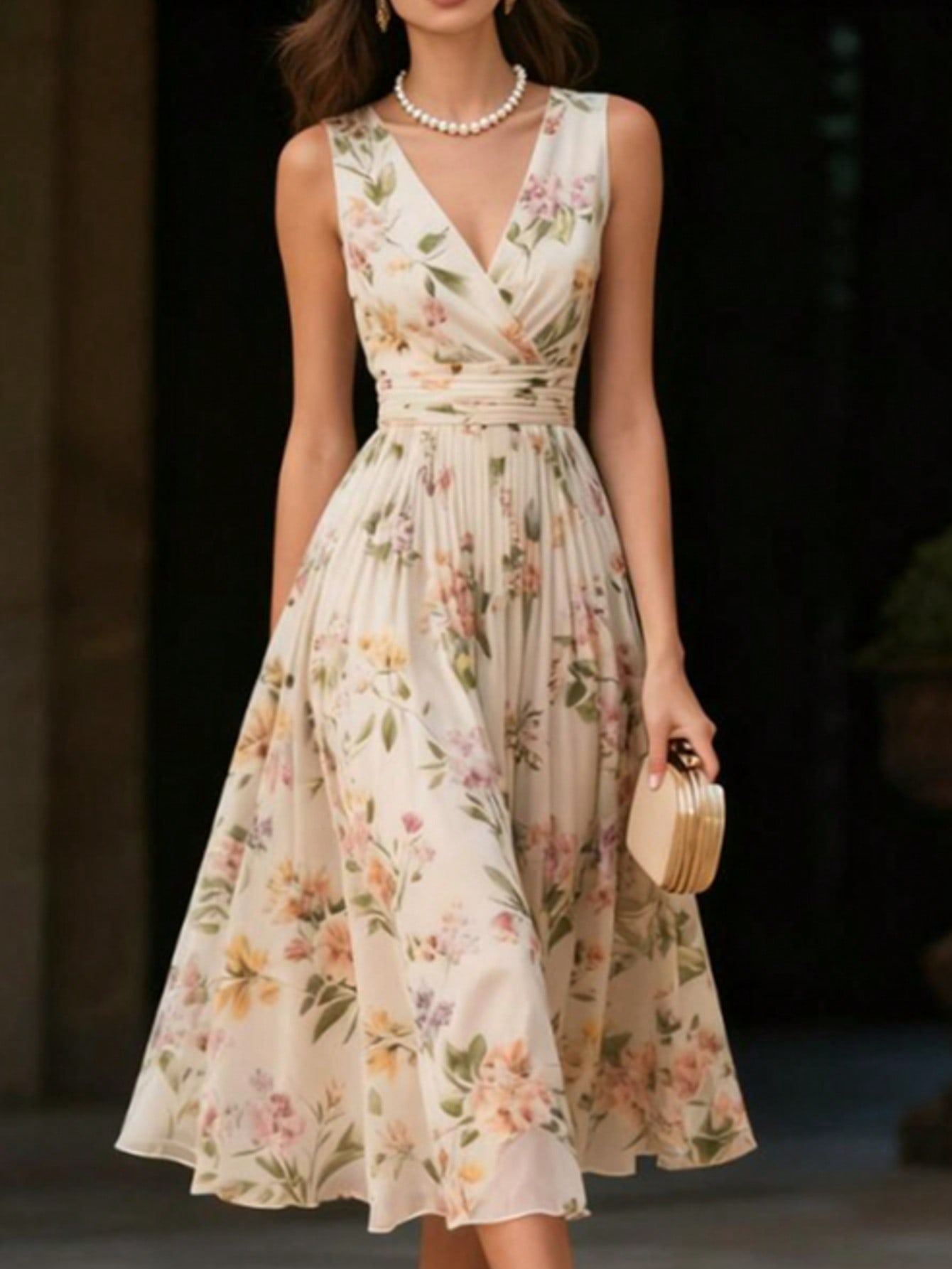 French Elegance Romantic Sleeveless Floral Print Dress N004