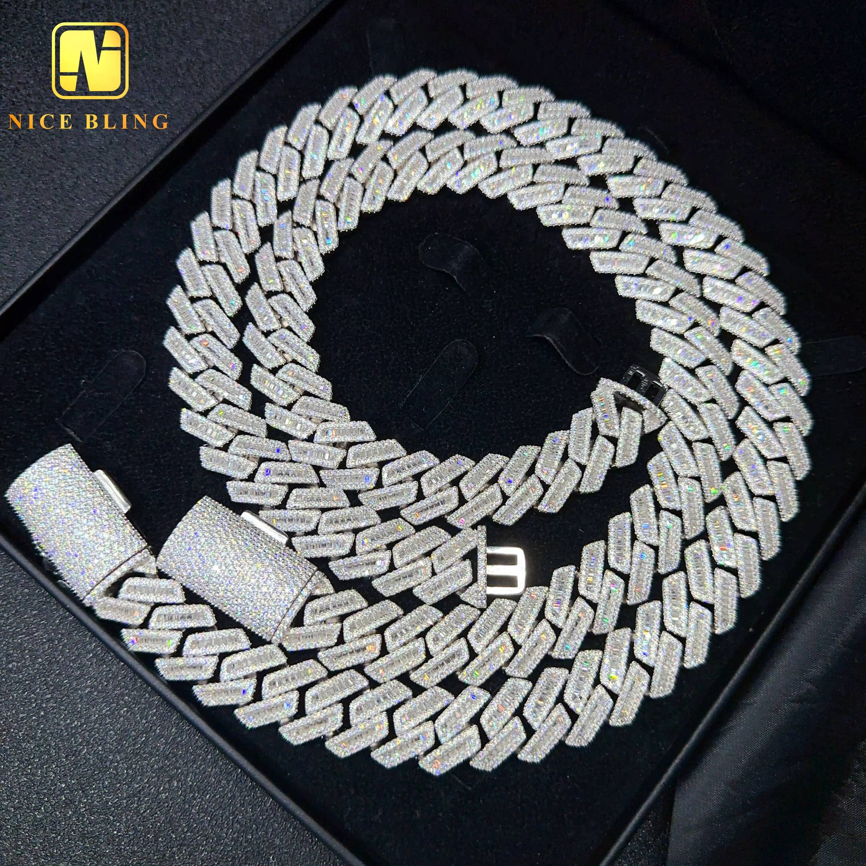 Big Size Cuban Chains 18mm Baguette Cut Moissanite Cuban Link Necklace Buss Down Iced Out Men Cuban Chain