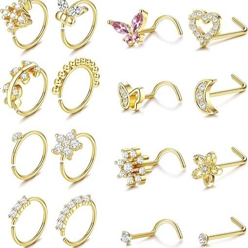 16Pcs 20G Flower Butterfly Nose Rings HoopsInlaid Shiny Zircon Nose Screw Nose Body Piercing Jewelry Decoration 250909