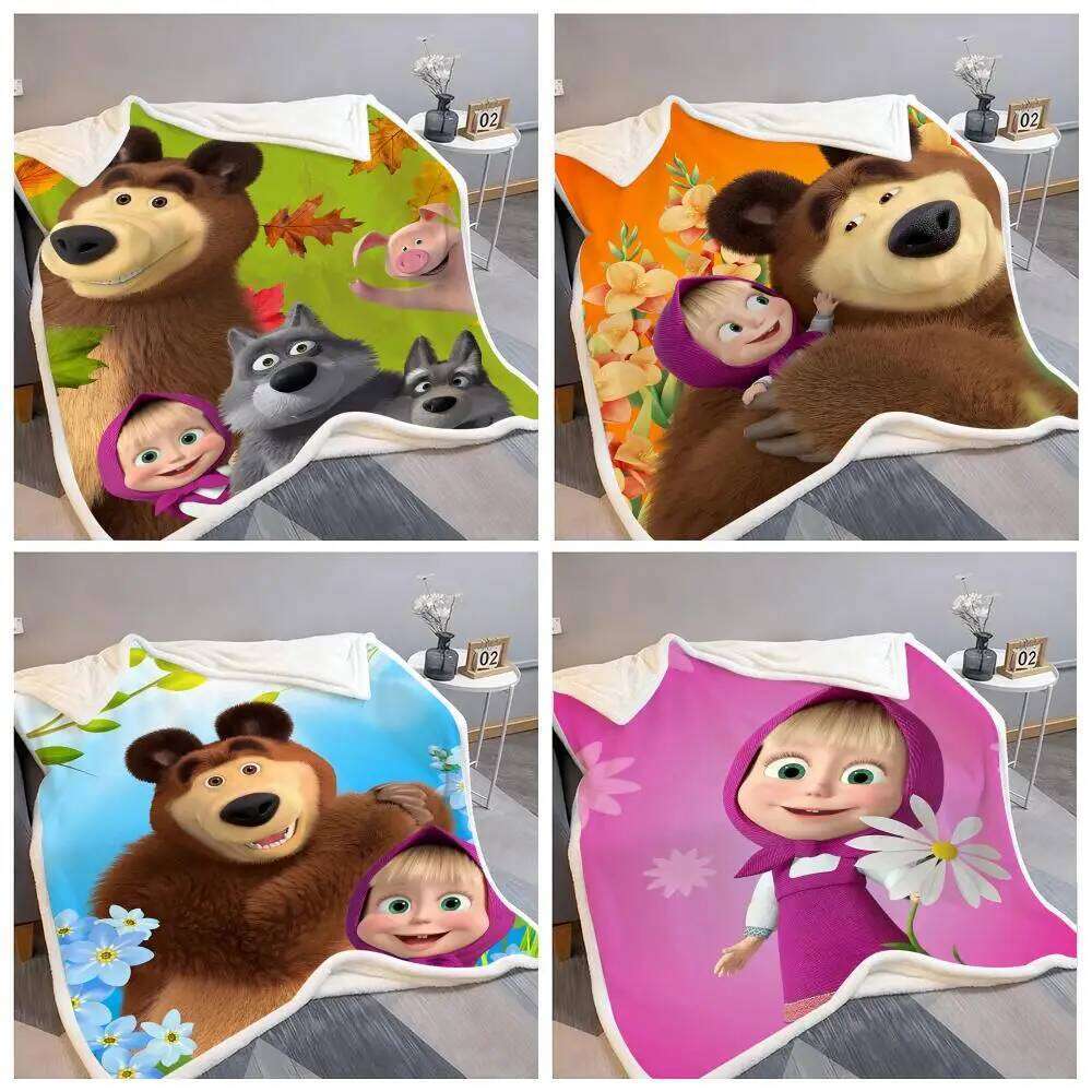 Cartoon M-Masha and the B-Bear Flannel Fluffy Soft Blanket Warm Skin-Friendly Throw for Sofa Bed Office Nap Winter W260120