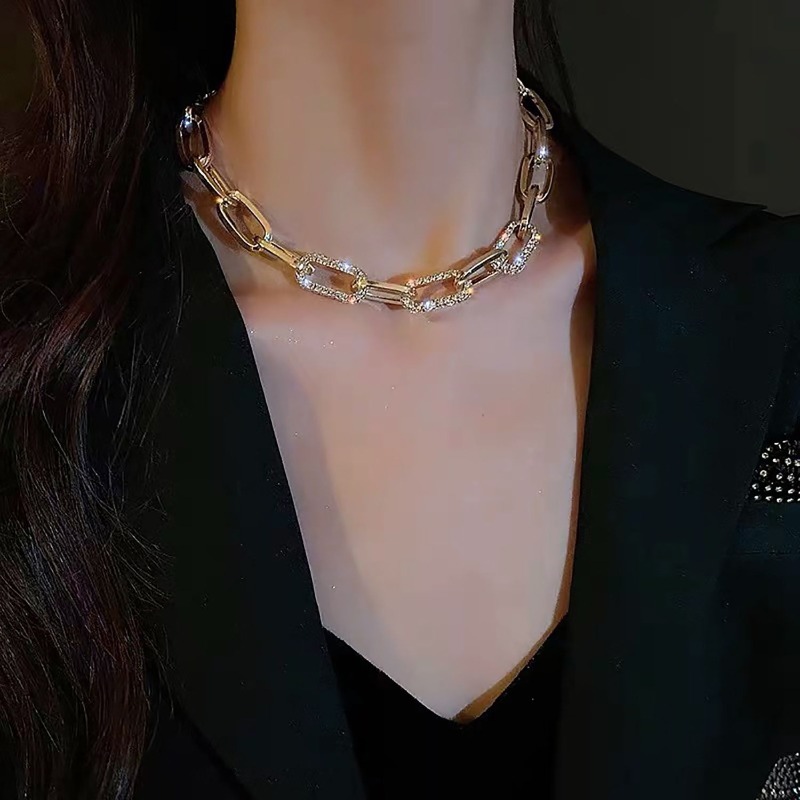 Jewelry Set Gold Tone Double Link Chain Necklace And Earring Set With Cubic Zirconia For Women Trendy Minimalist Versatile Accessory