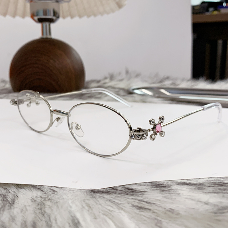 Luxury Brand Designer Sunglasses On Ring Jewelry Series Elegant Pink Diamond Metal Eyeglass Frame Jennie Same Style Silver Small Oval Non-Prescription