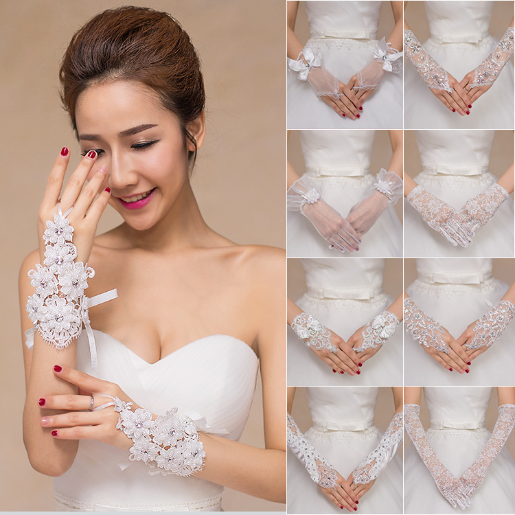 Women Korean Bridal Bowknot Bridal Mittens Pearl White Hand Sleeve Beads Women Gloves Wedding Bridal Gloves Lace Mittens Bow Gloves J20