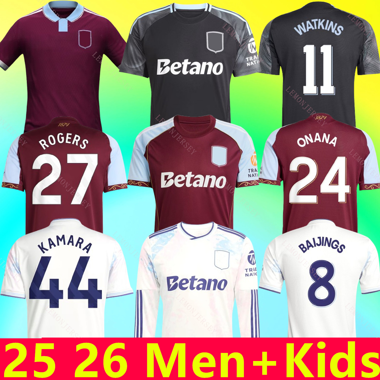 25 26 27 Aston ROGERS ONANA villa soccer jersey home away third GK McGINN KAMARA TIELEMANS WATKINS Men kids kit 2025 2026 2027 football shirt set Mens top KONSA ELLIOTT