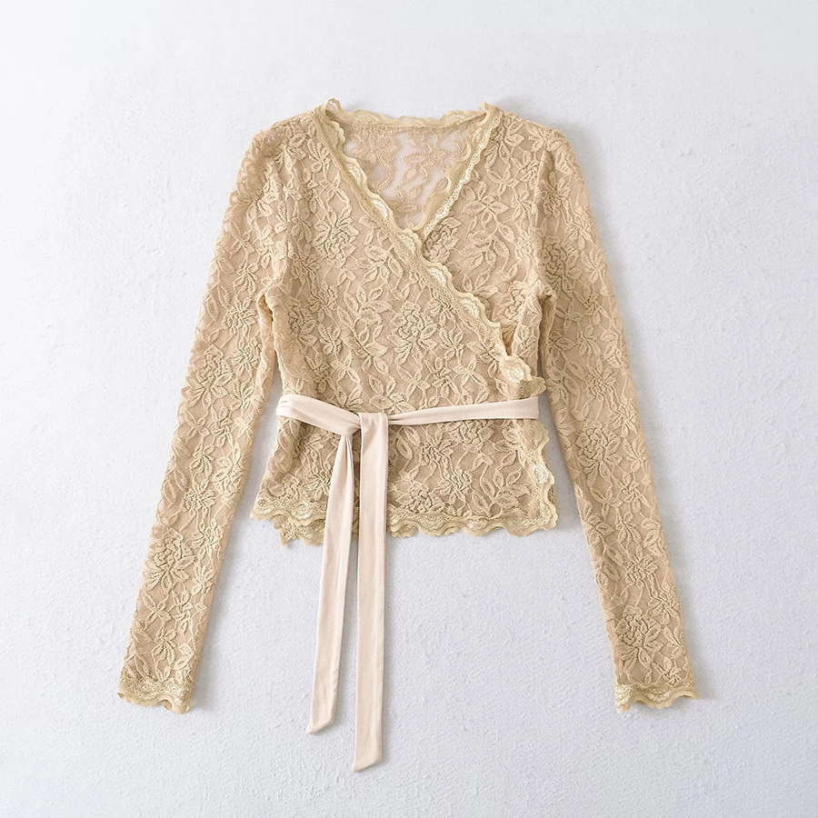 Women's Blouses Blouse Lace Wrap Sexy V Neck Long Sleeve Irregular Hem See Through Sweet Casual Elegant Tops For Autumn