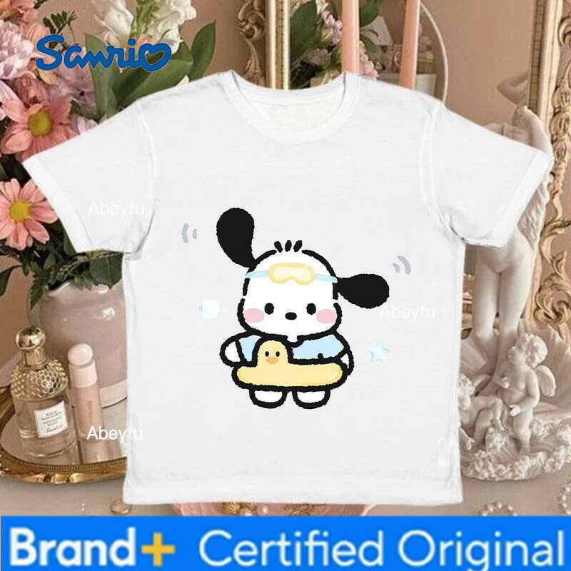 Sanrio 2024 New Summer Women HelloKitt pochacco Printed Round neck slim fit versatile Y2K top H260120