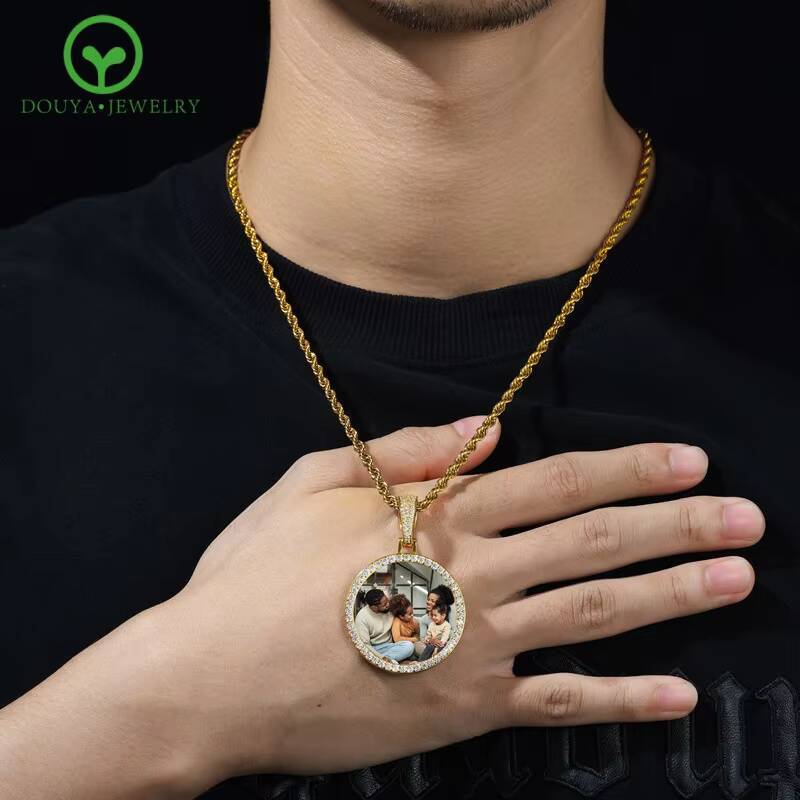 S925 Silver Inlaid Moissanite 36mm Round Photo Pendant Necklace for Man Woman