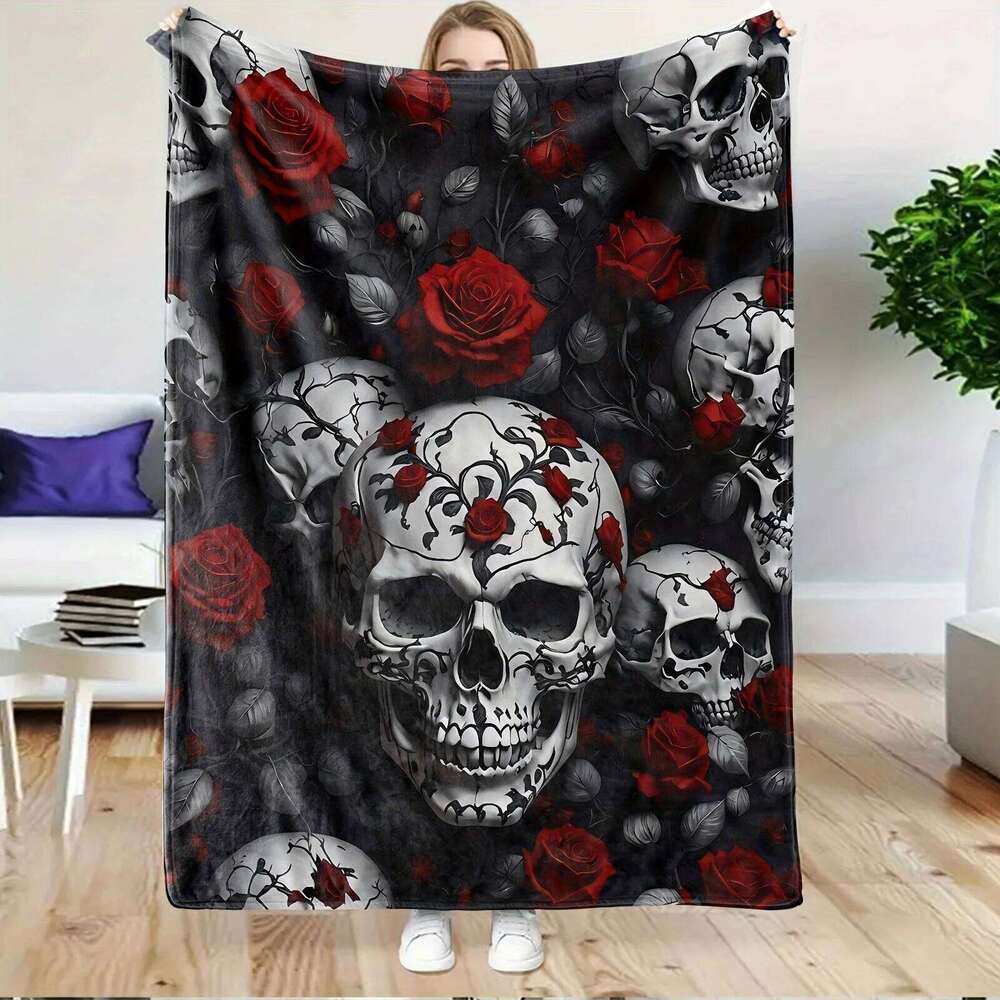 VIKAMA Dark Skeleton Rose Flannel Gothic Style Living Room Sofa Blanket Lunch Break Holiday Decoration Essential W260120