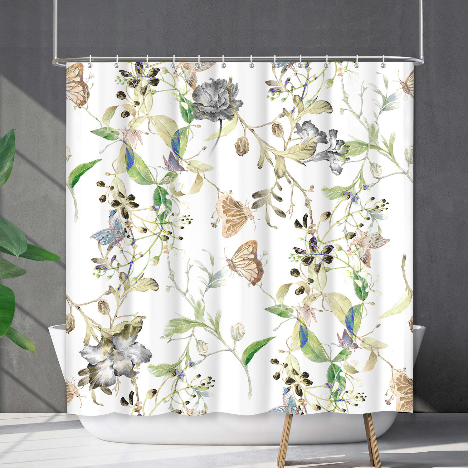 YL-38191 Waterproof Shower Curtain Set with Floral and Plant Designs, Shower Covering Curtain, No Drill Required