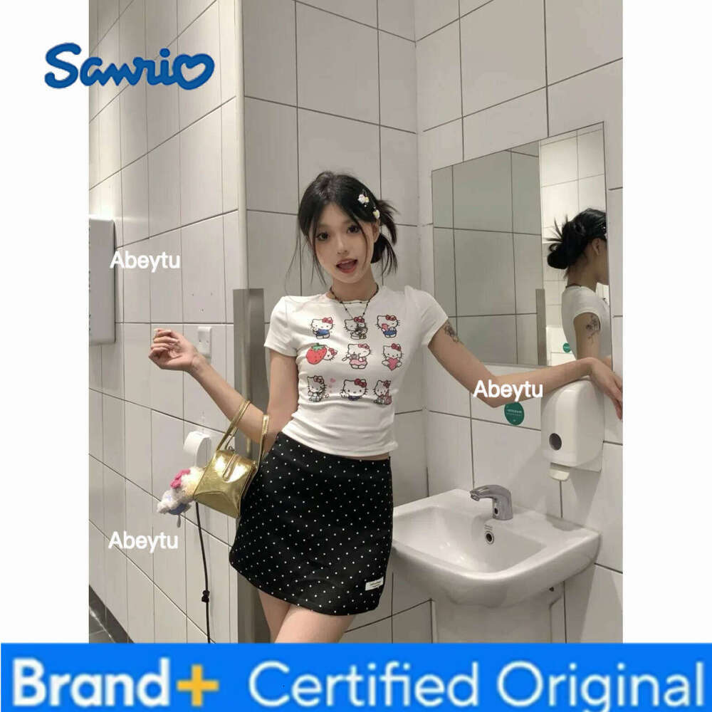 Sanrio Y2K Kawaii Anime Hello Kitty Women White T-Shirt Summer Cotton Cartoon Printing Short Sleeve Trend Crop Tops Girl Gift Clothes H260120
