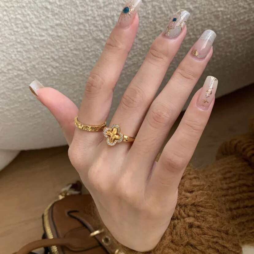 Women's Gold Plated Clover Ring Zircon Inlay Adjustable Flower Earring High-End Vintage Style Elegant Party Jewelry