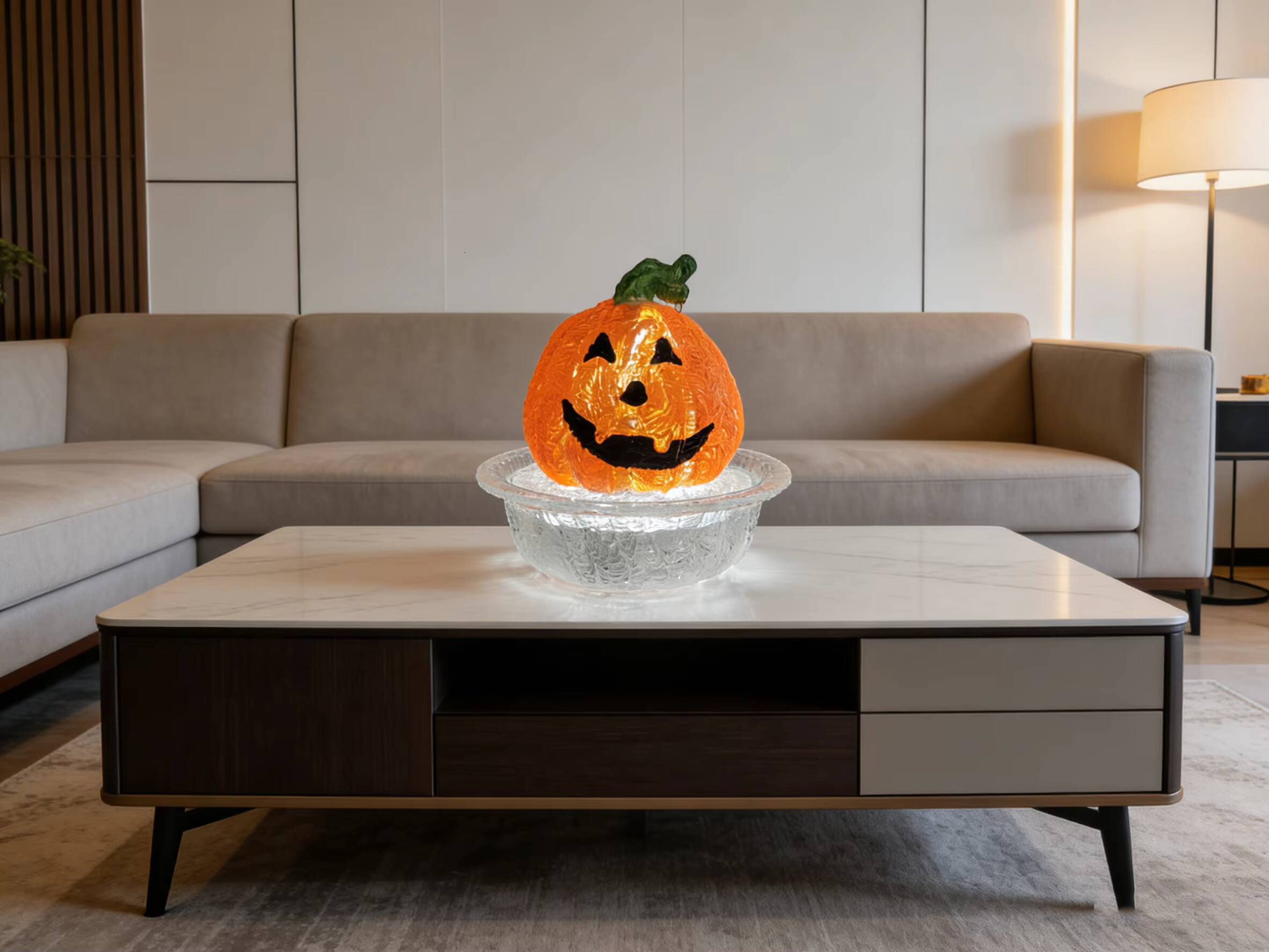 Halloween Atmosphere Pumpkin Lantern Transparent Resin Desktop Fountain with USB Cable