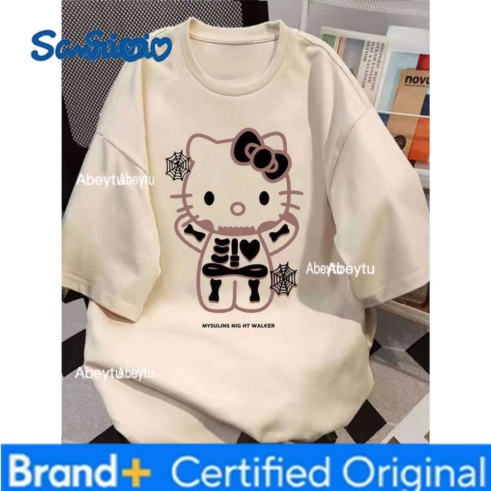Sanrio Summer Ladies' Hello kitty Cartoon Pattern Casual short-sleeved round-neck printed T-shirt, fashionable casual top H260120