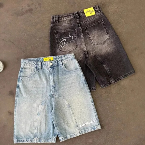 Vintage Y2k Men Women Harajuku Short Jeans Washed Embroidery American Retro Man Denim shorts Summer Loose Hip Hop Streetwear 260119