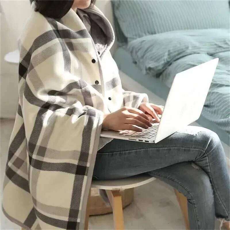 Thick Plaid Warm Winter Wearable Blanket Adults Office Travel Soft Fleece Throw Blankets With Button Home Shawl W260120