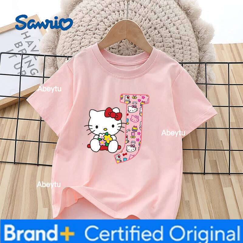 Sanrio T-shirt Hello Kitty Letters A-Z Printed Children's Clothing Fashion Shirt Y2K Cotton Girls' Round Neck Outdoor Wear H260120