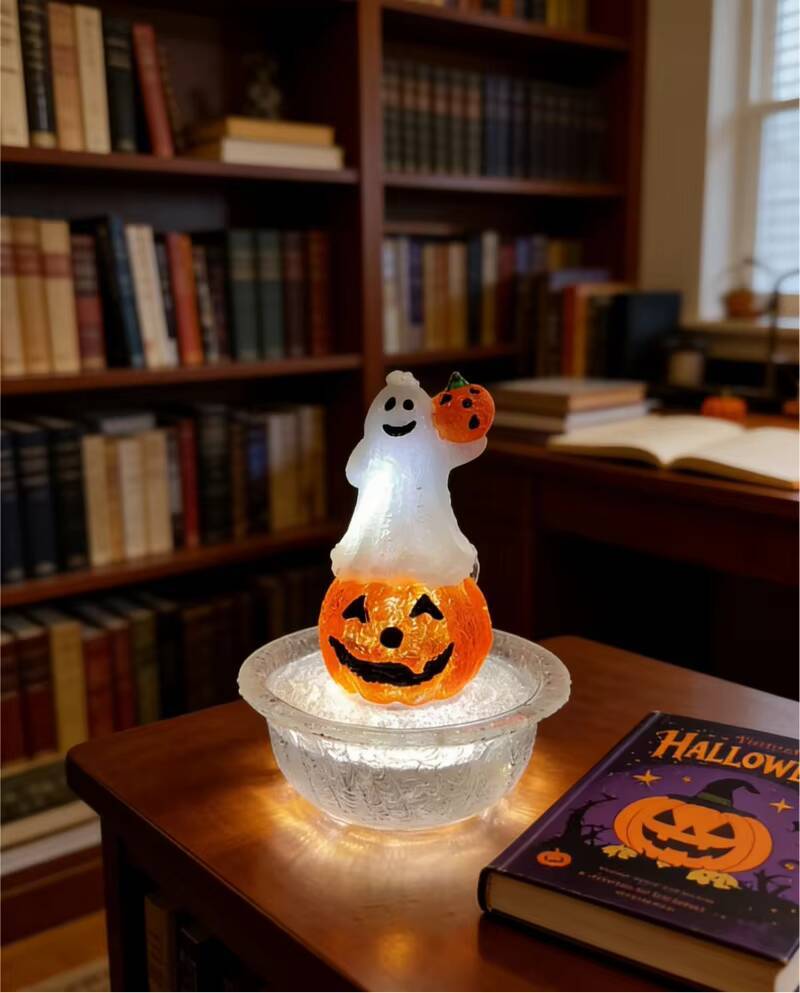 USB Powered Transparent Resin Desktop Fountain Halloween Pumpkin Lantern for Home Party Decoration