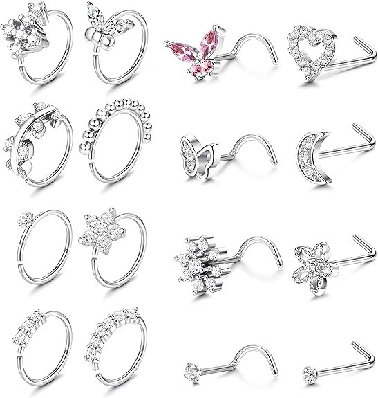 16Pcs 20G Flower Butterfly Nose Rings HoopsInlaid Shiny Zircon Nose Screw Nose Body Piercing Jewelry Decoration 250909