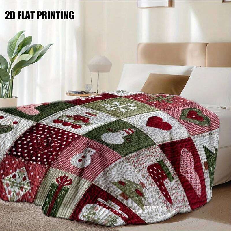 1pc Festive Christmas Quilt Squares Print Flannel Throw Blanket - Cozy Holiday Design with Santa Hats Hearts and Snowflakes W260120