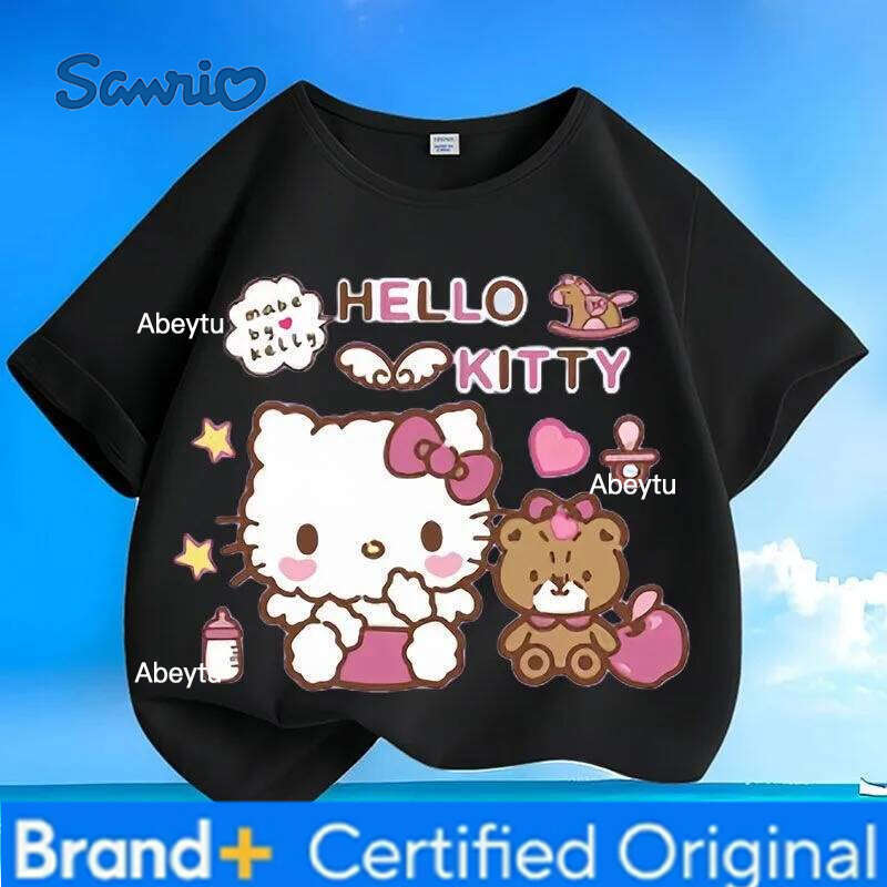 Sanrio New Hello Kitty T-shirt Breathable Skin-friendly Anti-wrinkle Easy Care Loose Versatile Crew Neck Short SleeveTops for Kids H260120