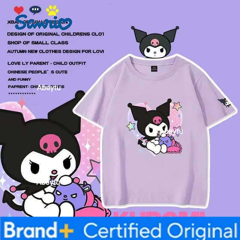 Sanrio Miniso Children's Clothing Kawaii Anime Kuromi Kids T-Shirt Summer Cotton Loose Boys and Girls Short-Sleeved Tops H260120