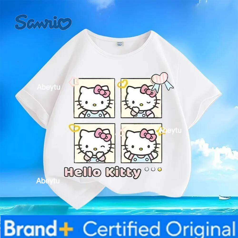 Sanrio New Anime Hello Kitty Print Children's Summer Loose Short Sleeved Round Neck Casual Top T-shirt Comfortable and Skin Friendly H260120