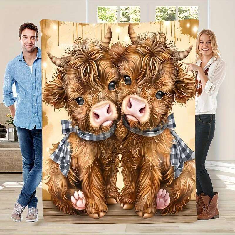 Cute Cartoon Highland Cow Flannel Blanket Soft Warm All-Season Throw | Perfect for Sofa Bed Office Travel W260120