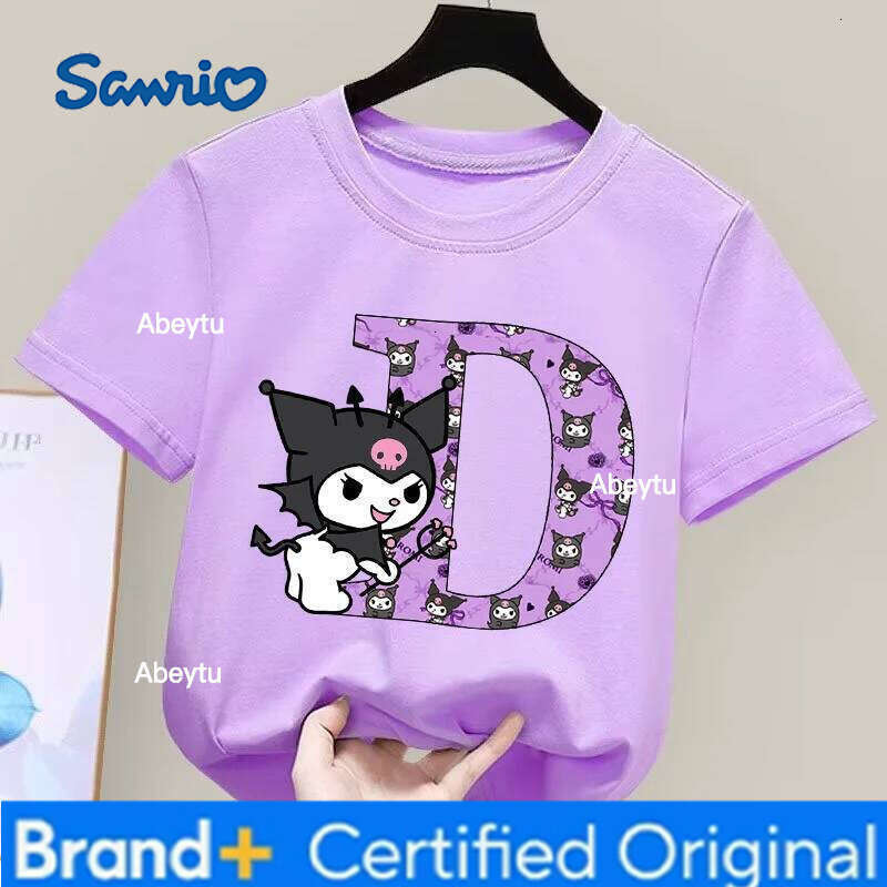 Sanrio Kuromi Children's T-shirt Cute Cartoon Anime Letter A-Z Print Girls Clothes Fashion Kids Toddler Cotton Short Sleeve Tops H260120