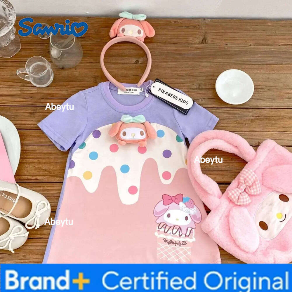 Sanrio hello kitty summer kuromi new girl dress short sleeve color polka-dot ice cream three-dimensional melody T-shirt skirt H260120