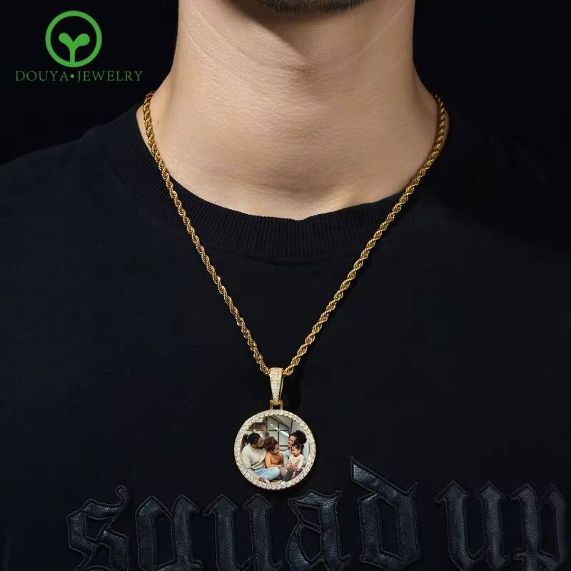 S925 Silver Inlaid Moissanite 36mm Round Photo Pendant Necklace for Man Woman